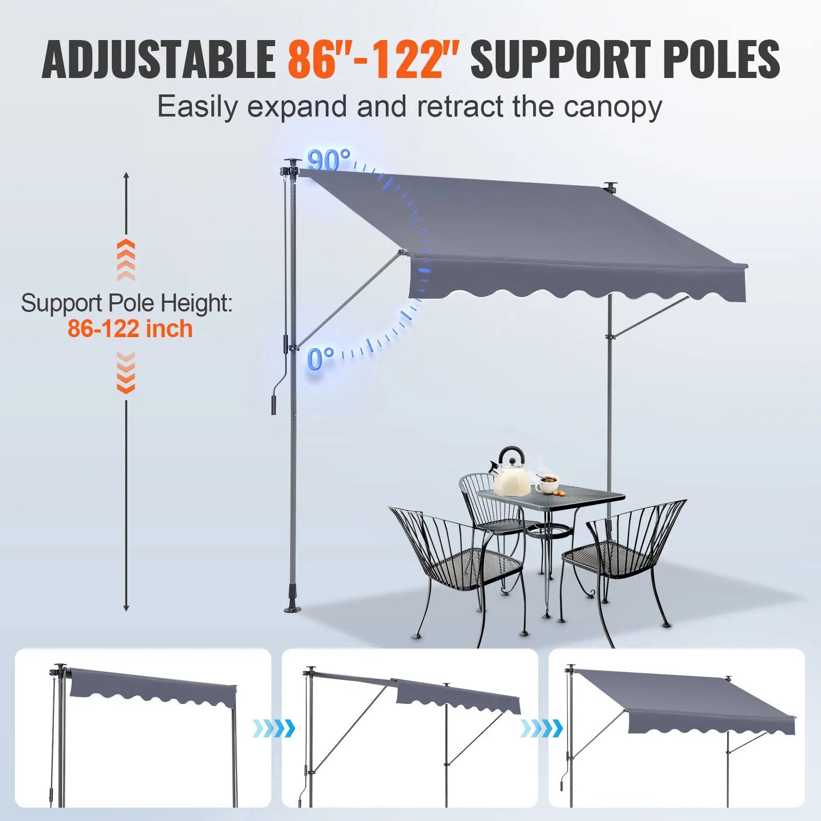 VEVOR Manual Retractable Awning, 78" Outdoor Retractable Patio Awning Sunshade Shelter, Adjustable Patio Door Window Awning Canopy with 39" Sun Shade Curtain for Backyard, Garden, Balcony