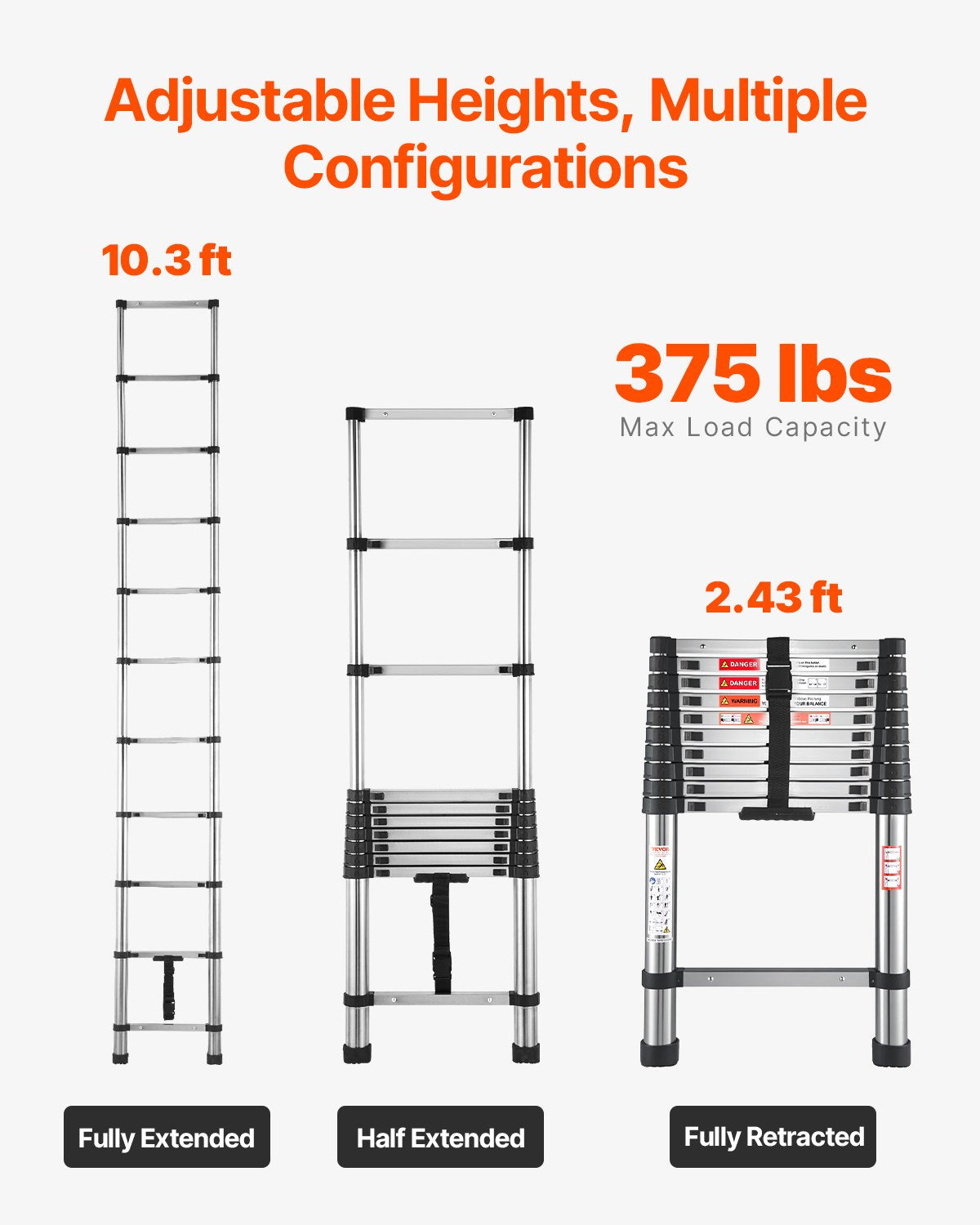 VEVOR Telescoping Ladder Stainless Steel Extension Step 12.5ft Portable Ladders 