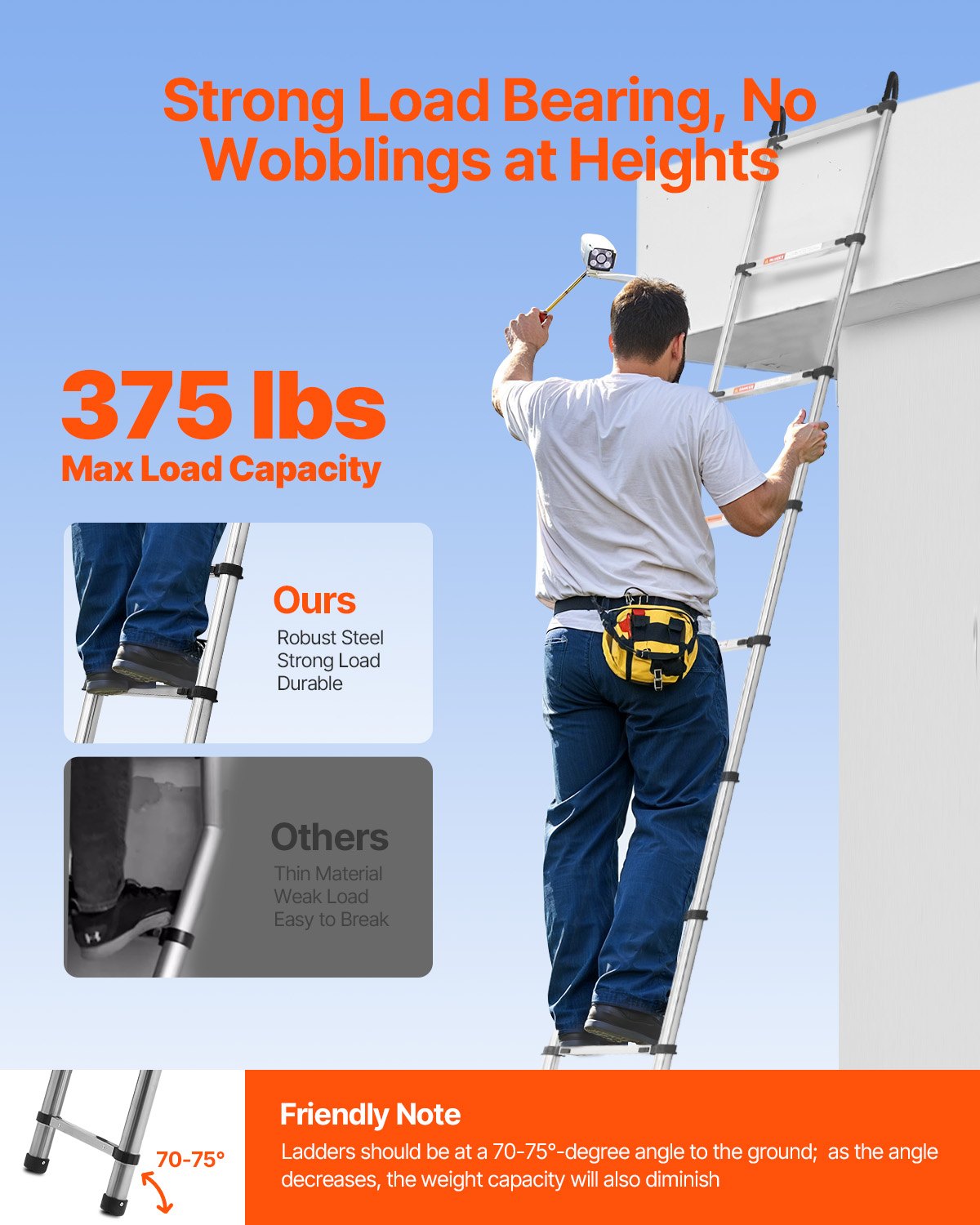 VEVOR Telescoping Ladder Stainless Steel Extension Step 16.5ft Portable Ladders 