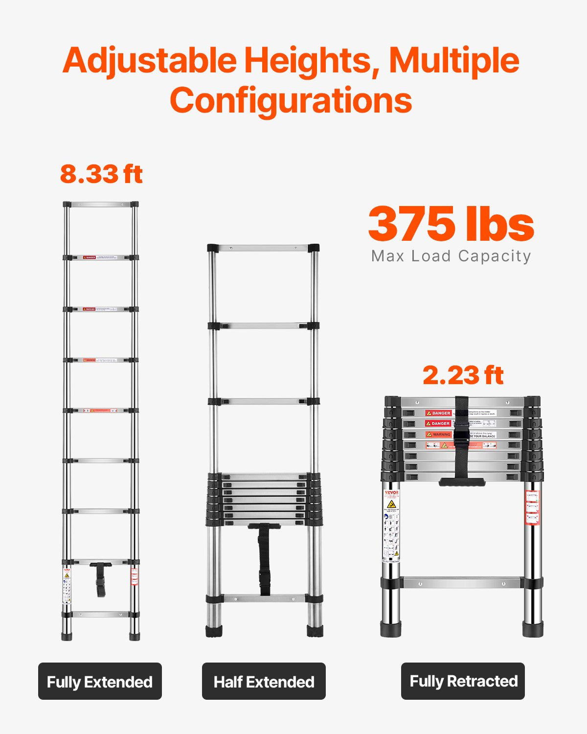 VEVOR Telescoping Ladder Stainless Steel Extension Step 8.5ft Portable Ladders 