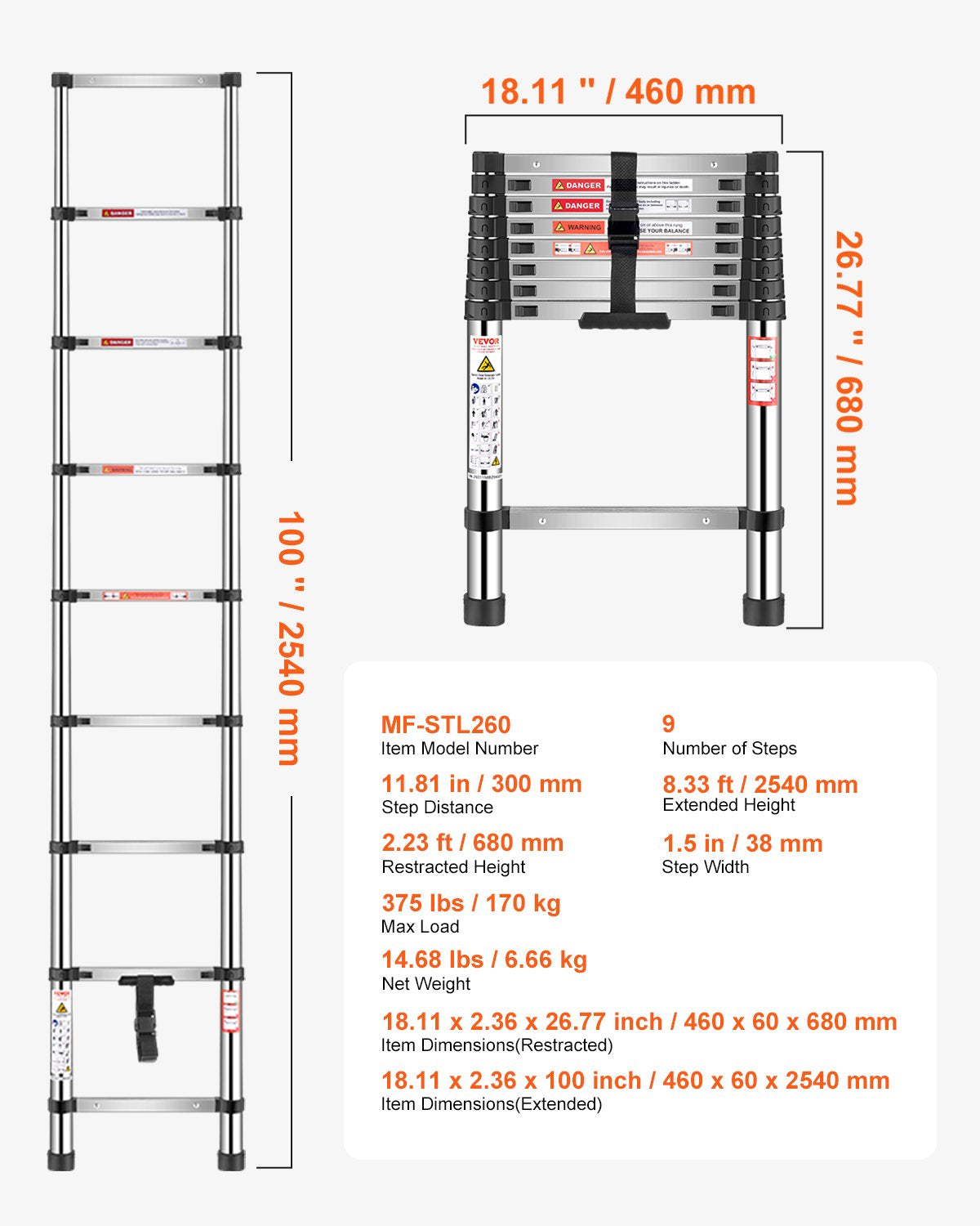 VEVOR Telescoping Ladder Stainless Steel Extension Step 8.5ft Portable Ladders 