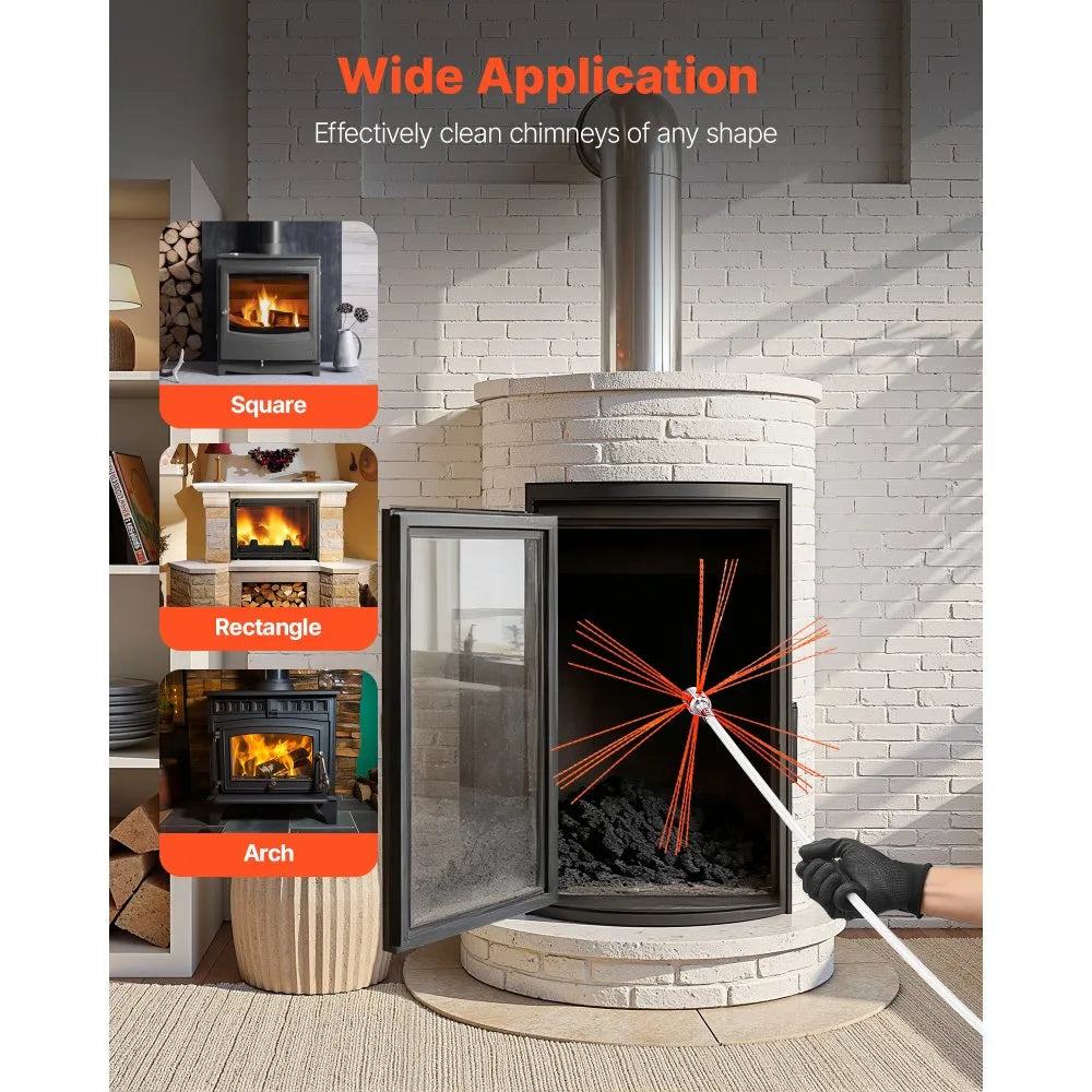 33ft Chimney Sweep Kit with Dual Brush Heads, Flexible Fireplace Chimney Cleaning Brush Tool with Rods & Safety Goggles