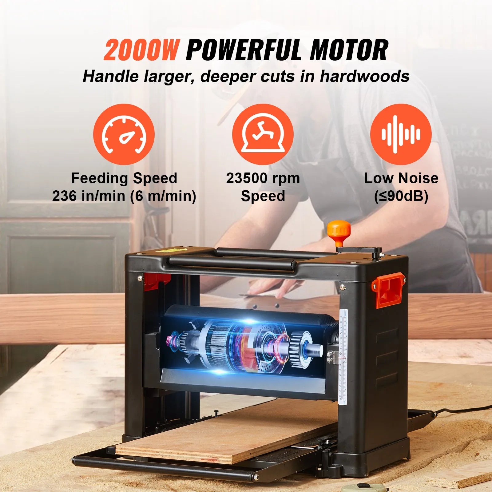 VEVOR Thickness Planer, Two Speed, 13" Width Worktable Benchtop Planer, Three-Blade, 15-Amp 2000W Powerful Motor, 12" Extended Infeeding Table, Low Noise for both hard & soft wood material removal