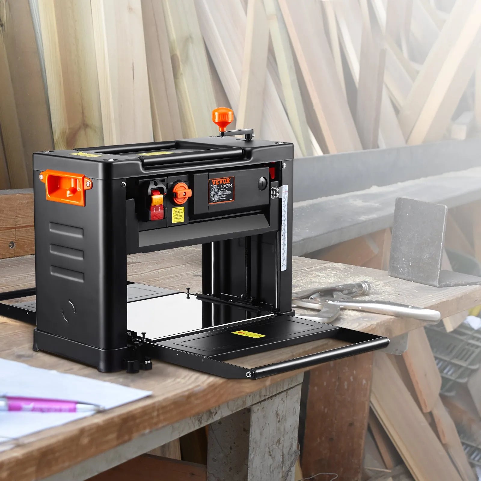 VEVOR Thickness Planer, Two Speed, 13" Width Worktable Benchtop Planer, Three-Blade, 15-Amp 2000W Powerful Motor, 12" Extended Infeeding Table, Low Noise for both hard & soft wood material removal