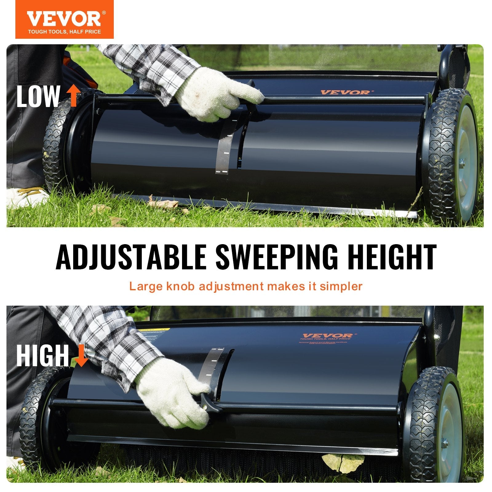 VEVOR Push Lawn Sweeper, 26-inch Leaf & Grass Collector, Strong Rubber Wheels & Heavy Duty Thickened Steel, Durable to Use with Large Capacity 7 cu. ft. Mesh Collection Hopper Bag, 4 Spinning Brushes 