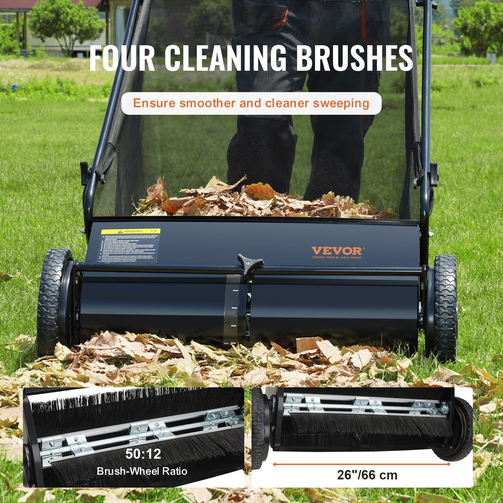 VEVOR Push Lawn Sweeper, 26-inch Leaf & Grass Collector, Strong Rubber Wheels & Heavy Duty Thickened Steel, Durable to Use with Large Capacity 7 cu. ft. Mesh Collection Hopper Bag, 4 Spinning Brushes 