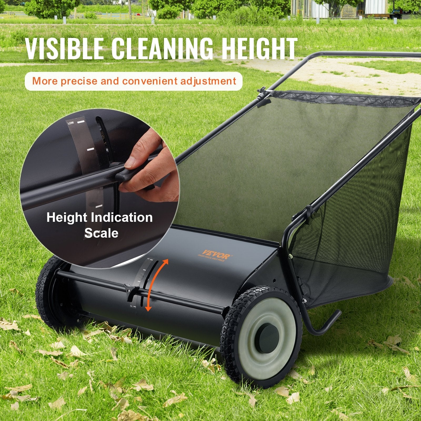 VEVOR Push Lawn Sweeper, 26-inch Leaf & Grass Collector, Strong Rubber Wheels & Heavy Duty Thickened Steel, Durable to Use with Large Capacity 7 cu. ft. Mesh Collection Hopper Bag, 4 Spinning Brushes 