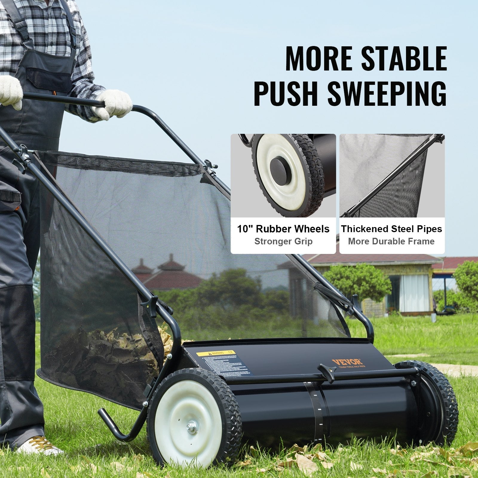VEVOR Push Lawn Sweeper, 26-inch Leaf & Grass Collector, Strong Rubber Wheels & Heavy Duty Thickened Steel, Durable to Use with Large Capacity 7 cu. ft. Mesh Collection Hopper Bag, 4 Spinning Brushes 