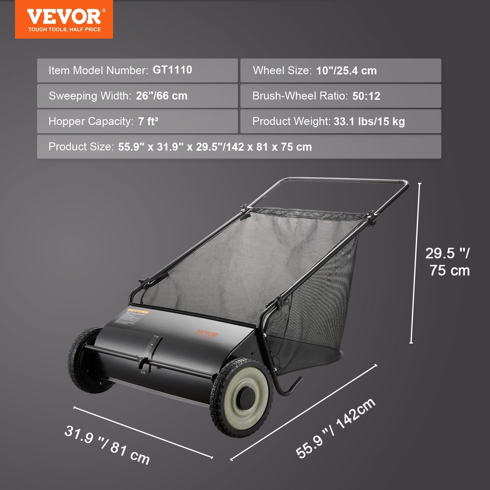 VEVOR Push Lawn Sweeper, 26-inch Leaf & Grass Collector, Strong Rubber Wheels & Heavy Duty Thickened Steel, Durable to Use with Large Capacity 7 cu. ft. Mesh Collection Hopper Bag, 4 Spinning Brushes 