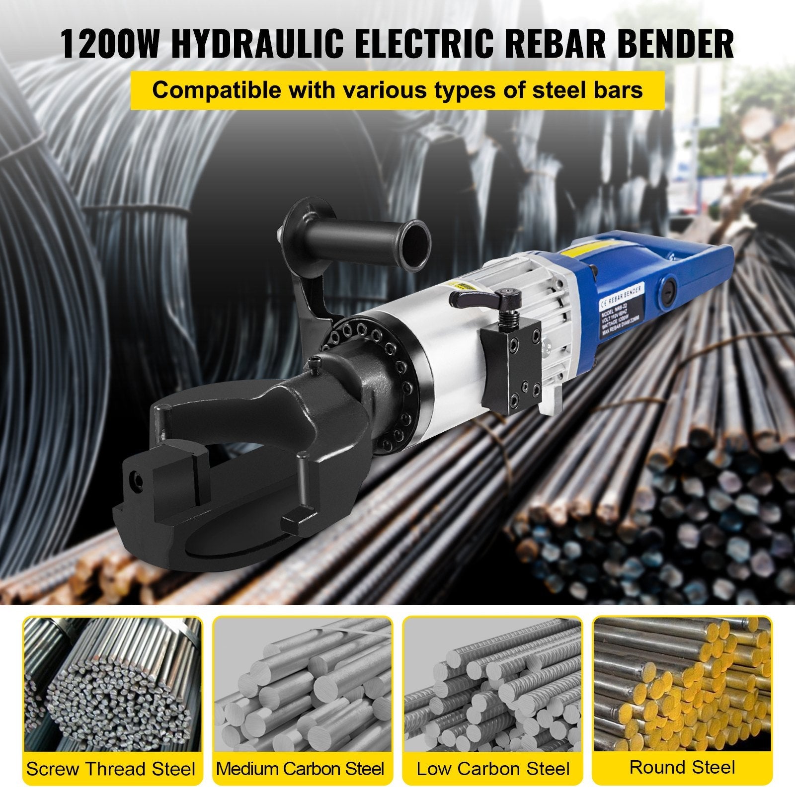 VEVOR Hand Held Rebar Bender, 1200W, Electric Rebar Bender, 22 mm Max Rebar Diameter, Portable Hydraulic Electric Rebar Steel Bender, Bending Machine For Bending Rebar, Steel Bar, Steel Rod 