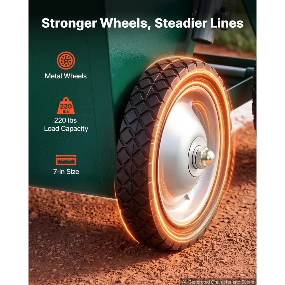 Steel Dry Line Marker with 65 lb Powder Capacity – Adjustable 2–4" Field Chalker with 4 Heavy-Duty Wheels