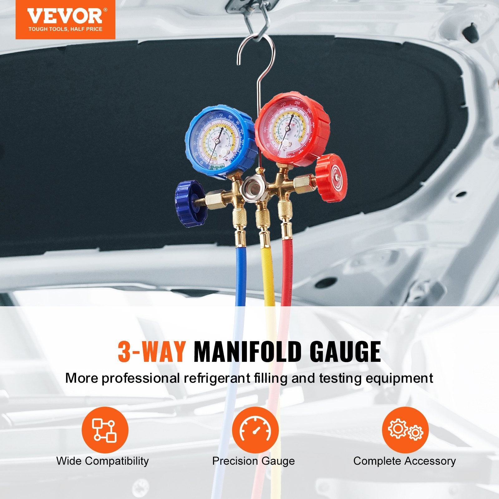VEVOR AC Gauge Set - 3 Way AC Manifold Gauge Set for R134A R22 R12 R502 Refrigerant, Freon Gauges with 5ft Hoses, Couplers, Can Tap Works on Car Auto Freon Charging and Evacuation 