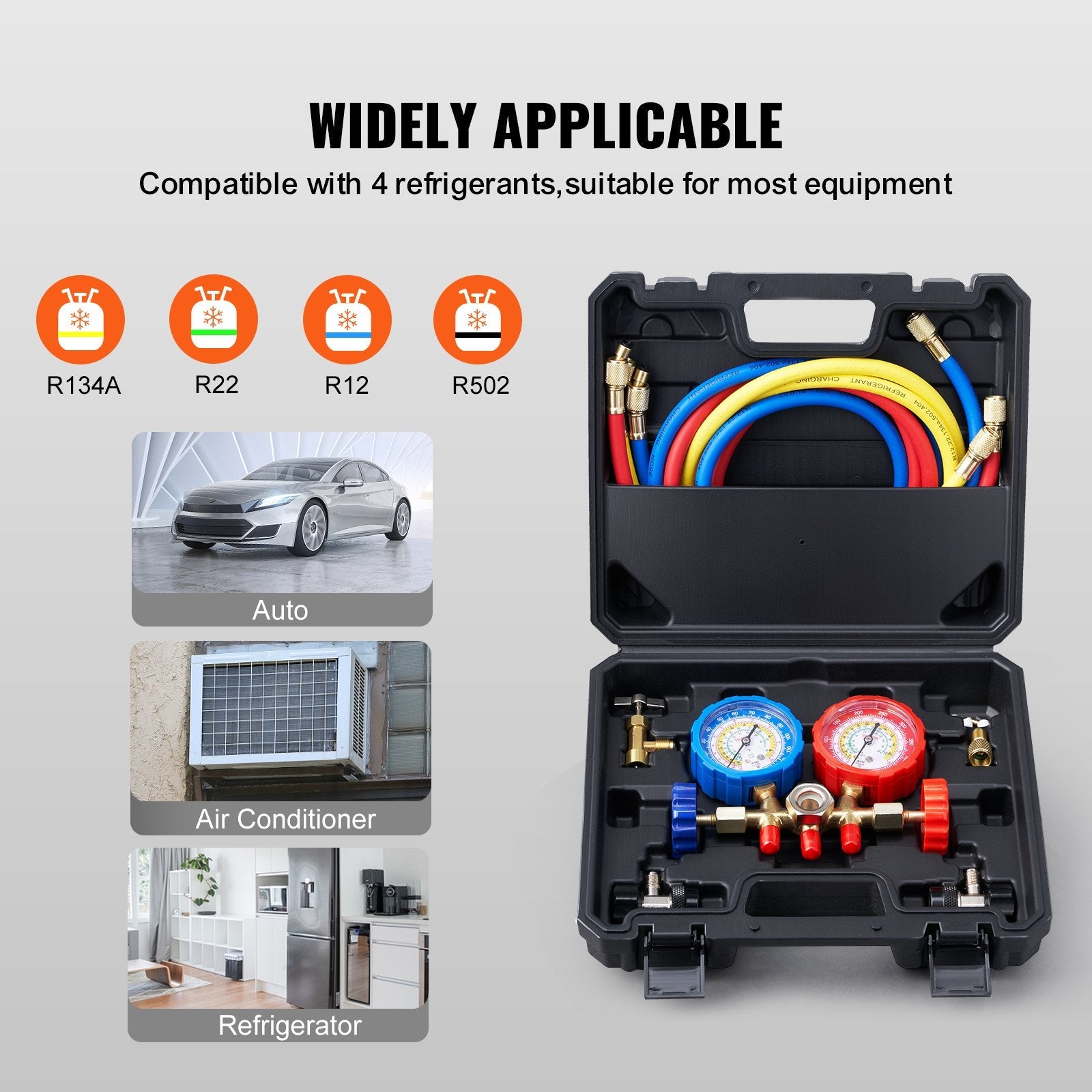VEVOR AC Gauge Set - 3 Way AC Manifold Gauge Set for R134A R22 R12 R502 Refrigerant, Freon Gauges with 5ft Hoses, Couplers, Can Tap Works on Car Auto Freon Charging and Evacuation 