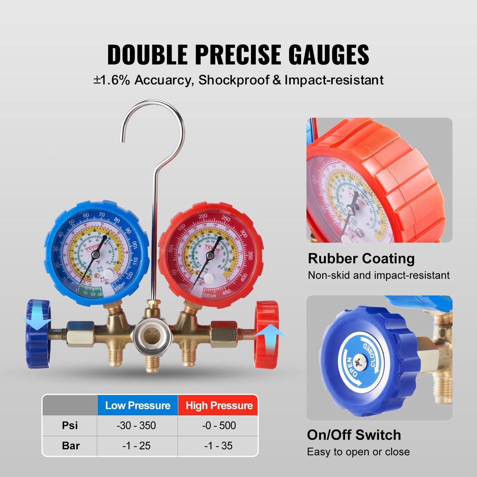 VEVOR AC Gauge Set - 3 Way AC Manifold Gauge Set for R134A R22 R12 R502 Refrigerant, Freon Gauges with 5ft Hoses, Couplers, Can Tap Works on Car Auto Freon Charging and Evacuation 