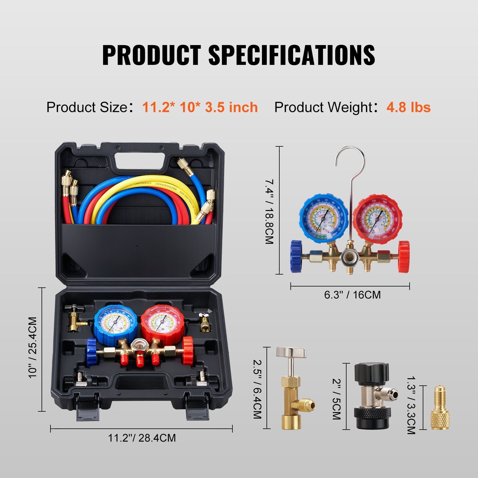 VEVOR AC Gauge Set - 3 Way AC Manifold Gauge Set for R134A R22 R12 R502 Refrigerant, Freon Gauges with 5ft Hoses, Couplers, Can Tap Works on Car Auto Freon Charging and Evacuation 