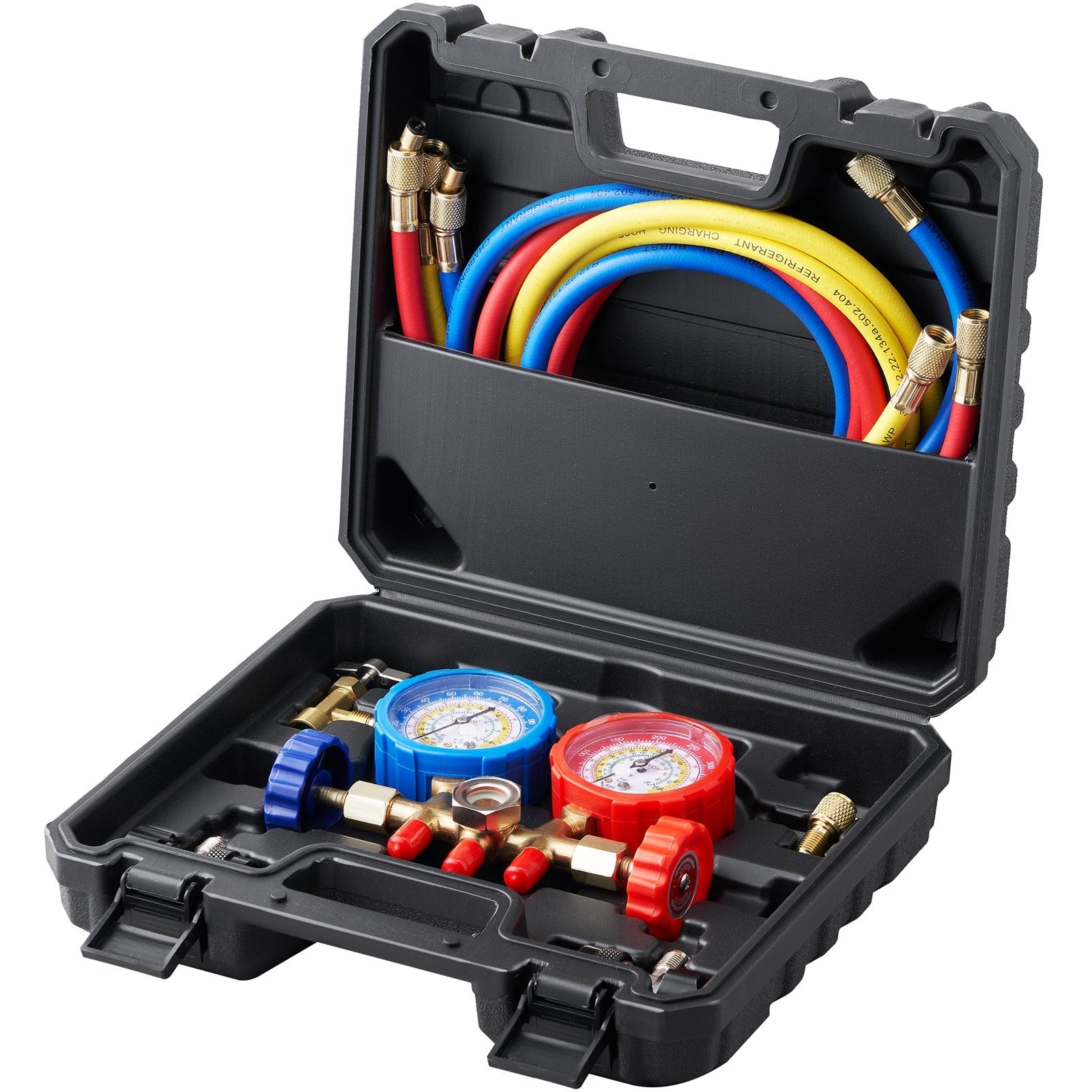 VEVOR AC Gauge Set - 3 Way AC Manifold Gauge Set for R134A R22 R12 R502 Refrigerant, Freon Gauges with 5ft Hoses, Couplers, Can Tap Works on Car Auto Freon Charging and Evacuation 