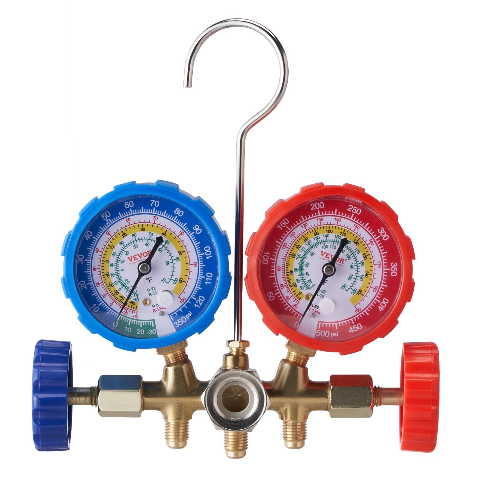 VEVOR AC Gauge Set - 3 Way AC Manifold Gauge Set for R134A R22 R12 R502 Refrigerant, Freon Gauges with 5ft Hoses, Couplers, Can Tap Works on Car Auto Freon Charging and Evacuation 