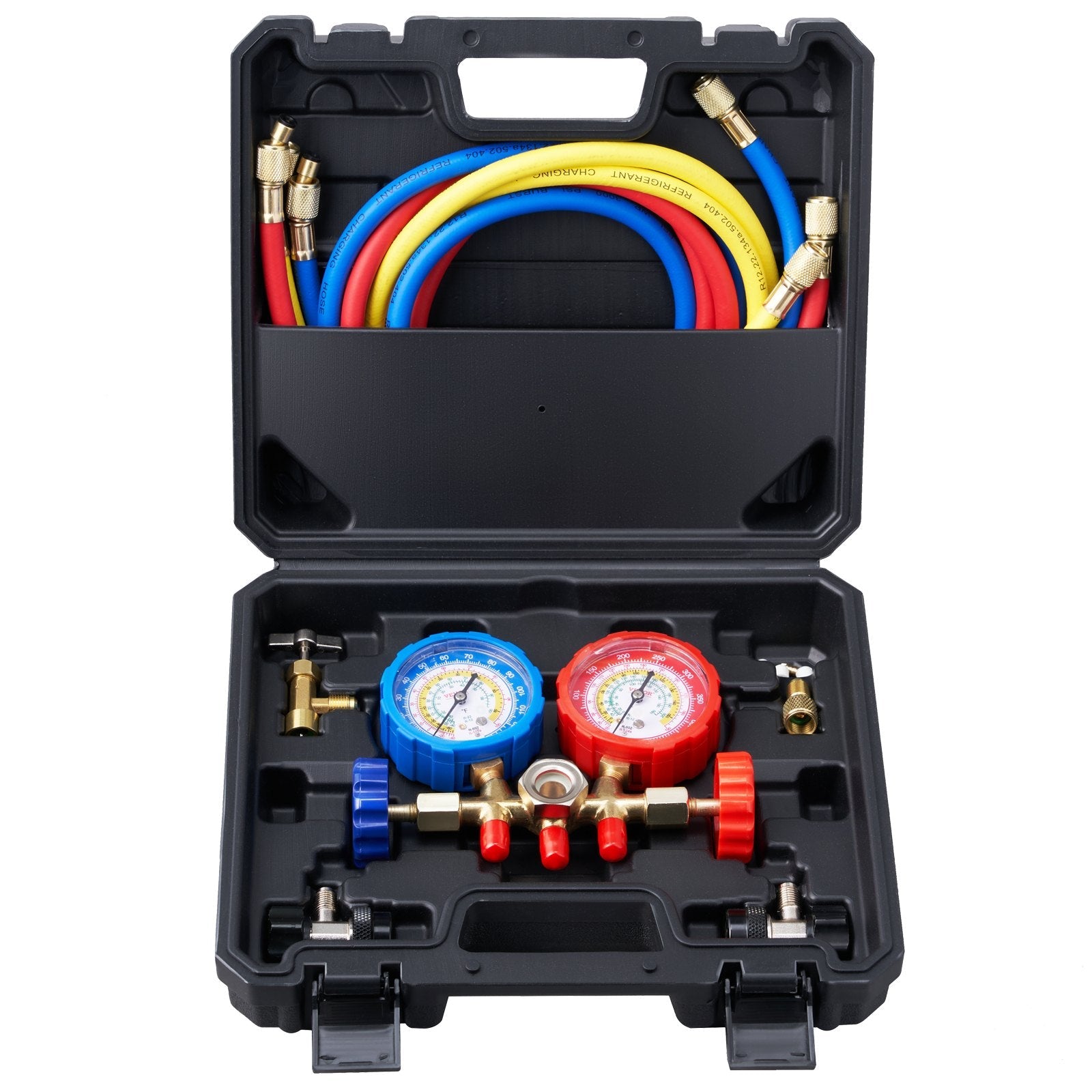 VEVOR AC Gauge Set - 3 Way AC Manifold Gauge Set for R134A R22 R12 R502 Refrigerant, Freon Gauges with 5ft Hoses, Couplers, Can Tap Works on Car Auto Freon Charging and Evacuation 