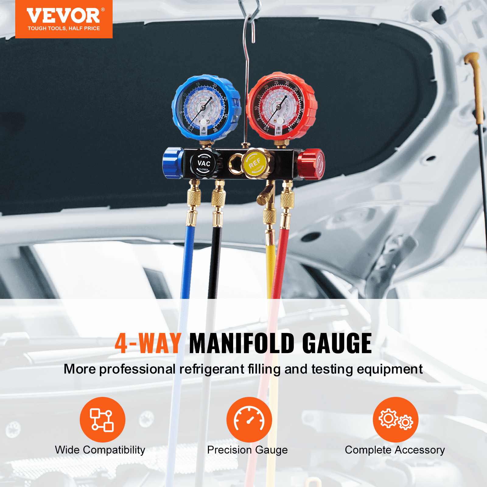 VEVOR 4 Way AC Gauge - AC Manifold Gauge Set for R134A R22 R12 R502 Refrigerant, Freon Gauges with 5ft Hoses, Couplers, Can Tap Works on Car Auto Freon Charging and Evacuation 