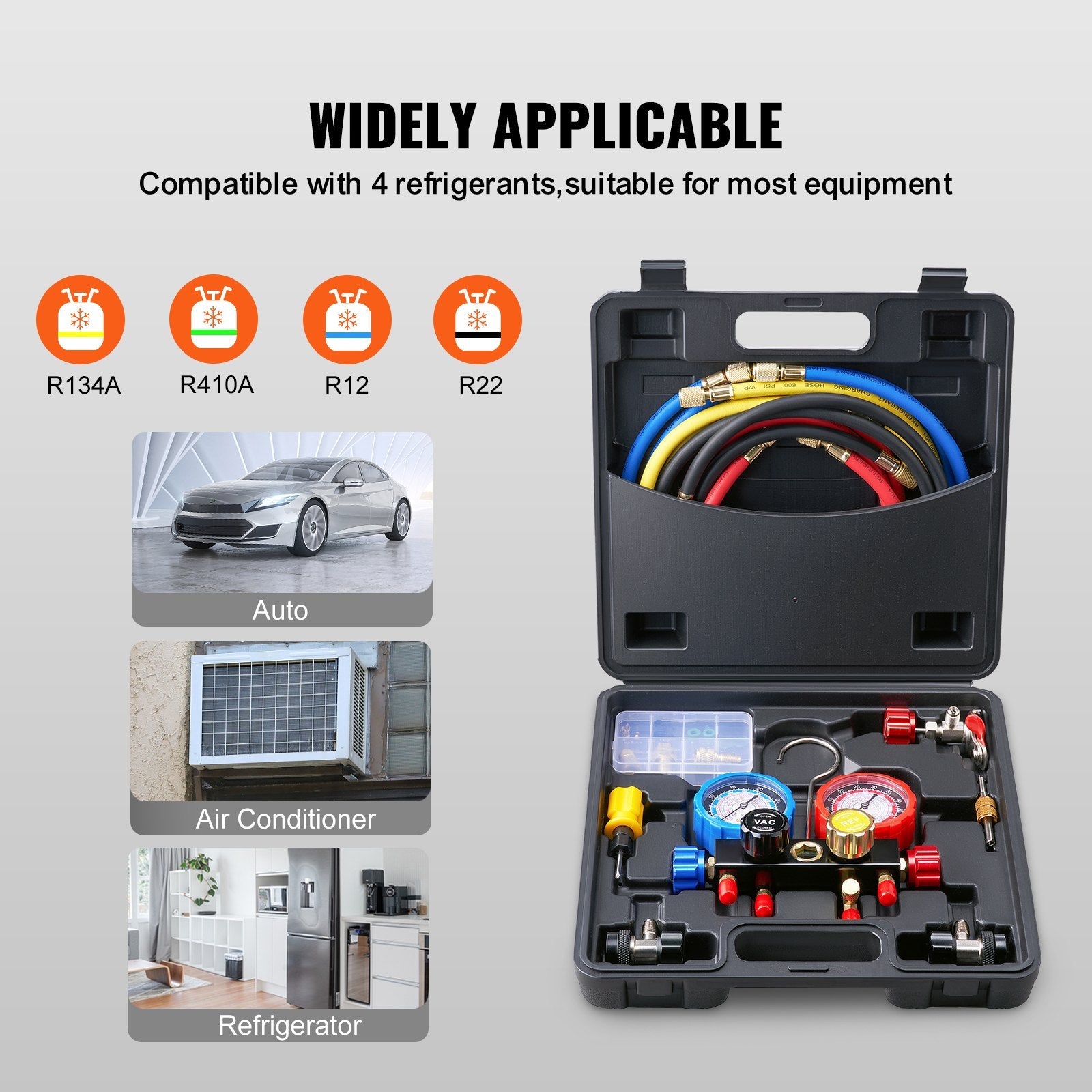 VEVOR 4 Way AC Gauge - AC Manifold Gauge Set for R134A R22 R12 R502 Refrigerant, Freon Gauges with 5ft Hoses, Couplers, Can Tap Works on Car Auto Freon Charging and Evacuation 