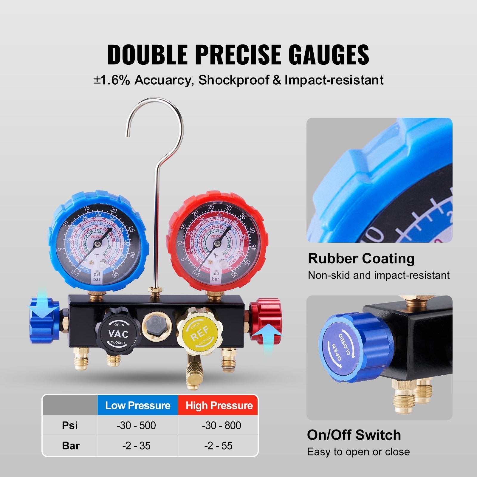 VEVOR 4 Way AC Gauge - AC Manifold Gauge Set for R134A R22 R12 R502 Refrigerant, Freon Gauges with 5ft Hoses, Couplers, Can Tap Works on Car Auto Freon Charging and Evacuation 