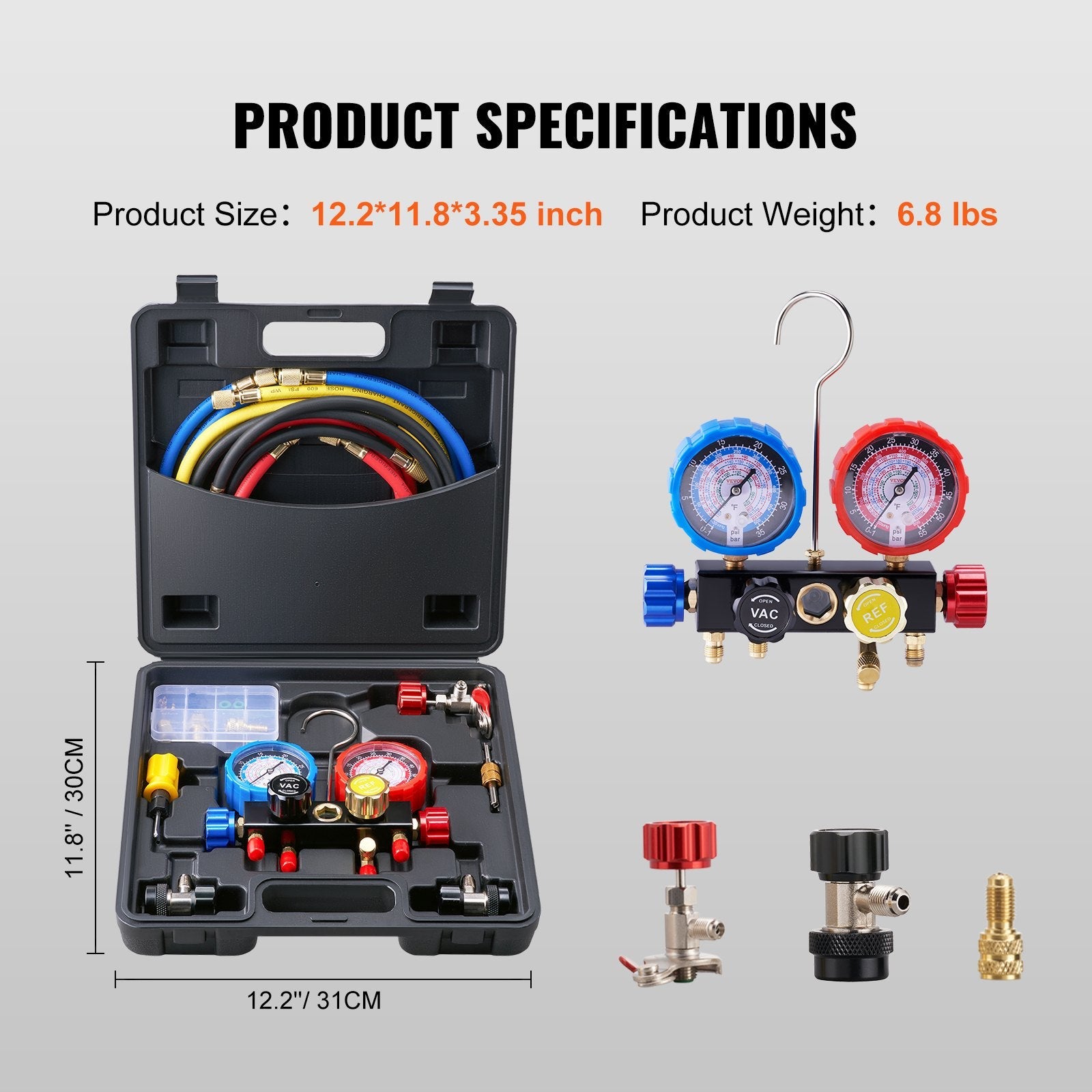 VEVOR 4 Way AC Gauge - AC Manifold Gauge Set for R134A R22 R12 R502 Refrigerant, Freon Gauges with 5ft Hoses, Couplers, Can Tap Works on Car Auto Freon Charging and Evacuation 