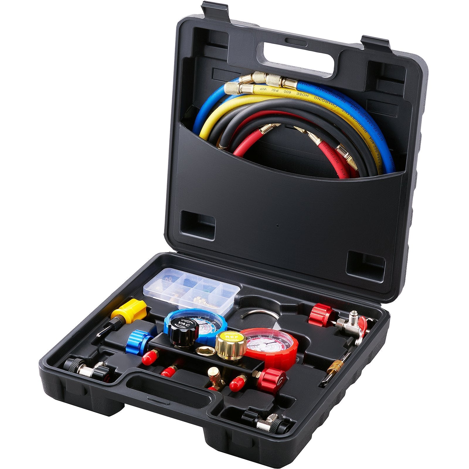 VEVOR 4 Way AC Gauge - AC Manifold Gauge Set for R134A R22 R12 R502 Refrigerant, Freon Gauges with 5ft Hoses, Couplers, Can Tap Works on Car Auto Freon Charging and Evacuation 