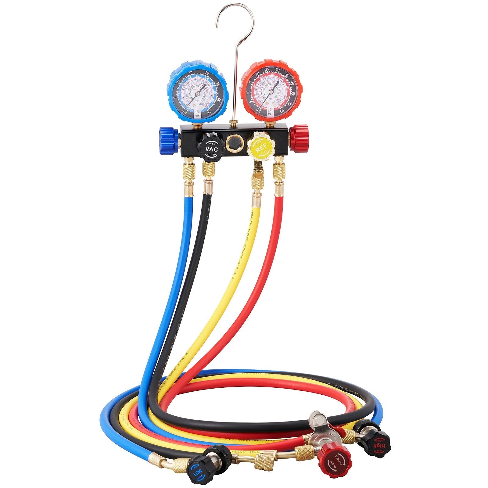 VEVOR 4 Way AC Gauge - AC Manifold Gauge Set for R134A R22 R12 R502 Refrigerant, Freon Gauges with 5ft Hoses, Couplers, Can Tap Works on Car Auto Freon Charging and Evacuation 