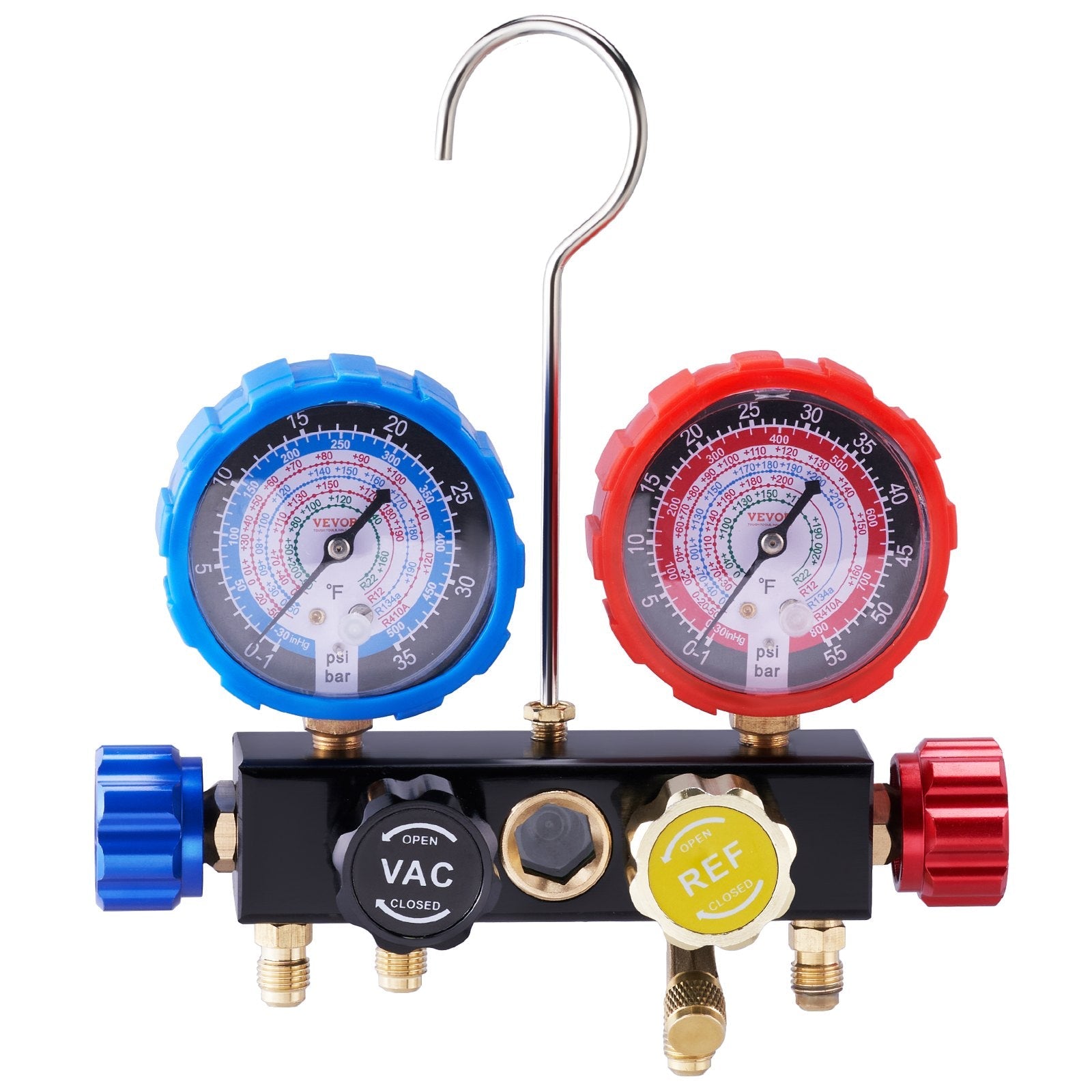 VEVOR 4 Way AC Gauge - AC Manifold Gauge Set for R134A R22 R12 R502 Refrigerant, Freon Gauges with 5ft Hoses, Couplers, Can Tap Works on Car Auto Freon Charging and Evacuation 