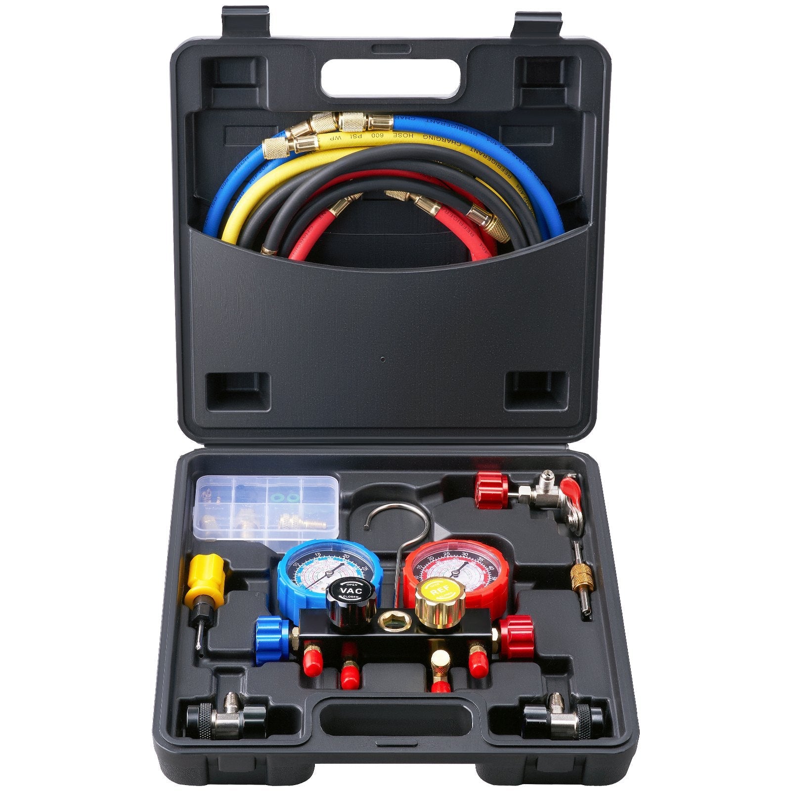 VEVOR 4 Way AC Gauge - AC Manifold Gauge Set for R134A R22 R12 R502 Refrigerant, Freon Gauges with 5ft Hoses, Couplers, Can Tap Works on Car Auto Freon Charging and Evacuation 
