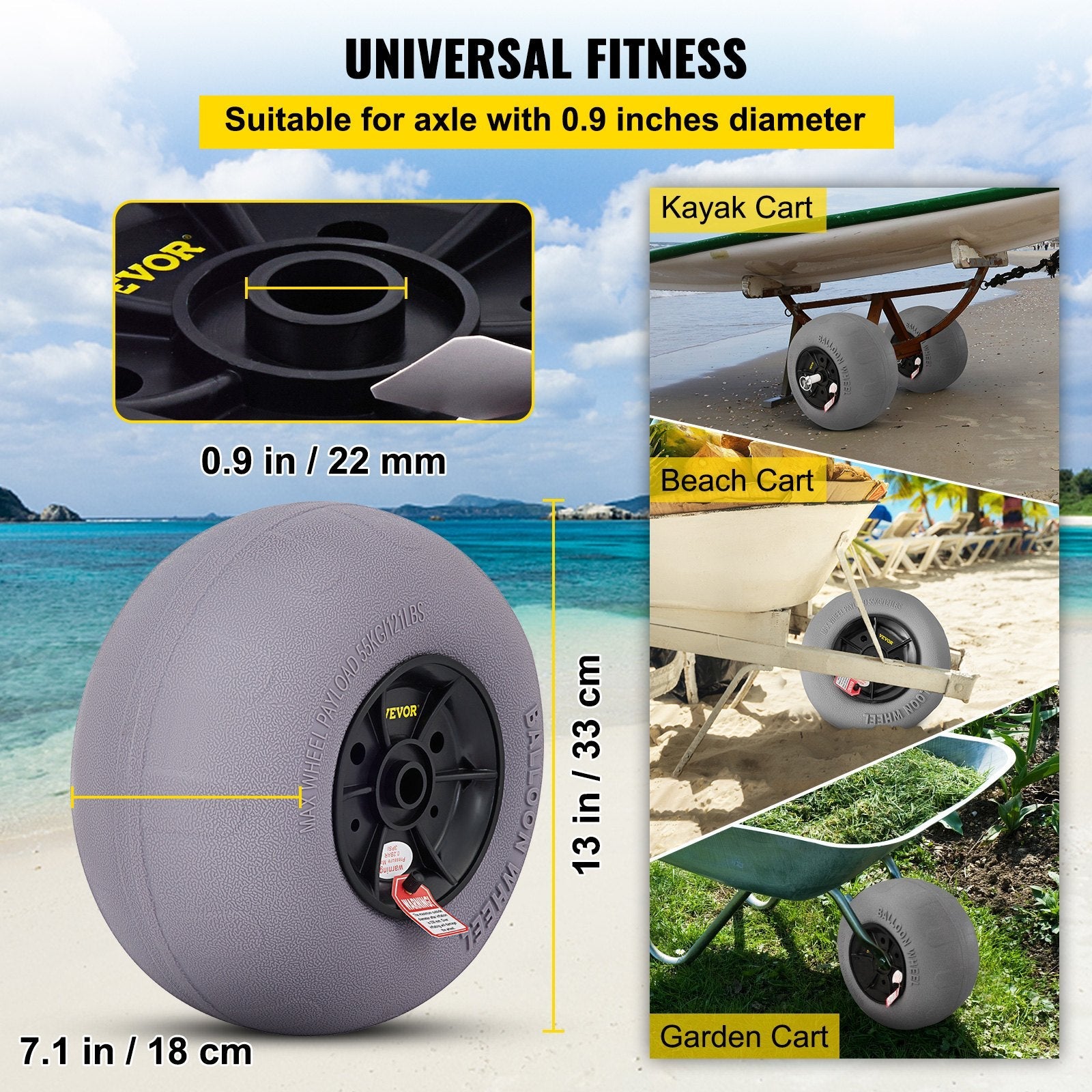 VEVOR Beach Balloon Wheels, 13" Replacement Sand Tires, TPU Cart Tires for Kayak Dolly, Canoe Cart and Buggy w/ Free Air Pump, 2-Pack 