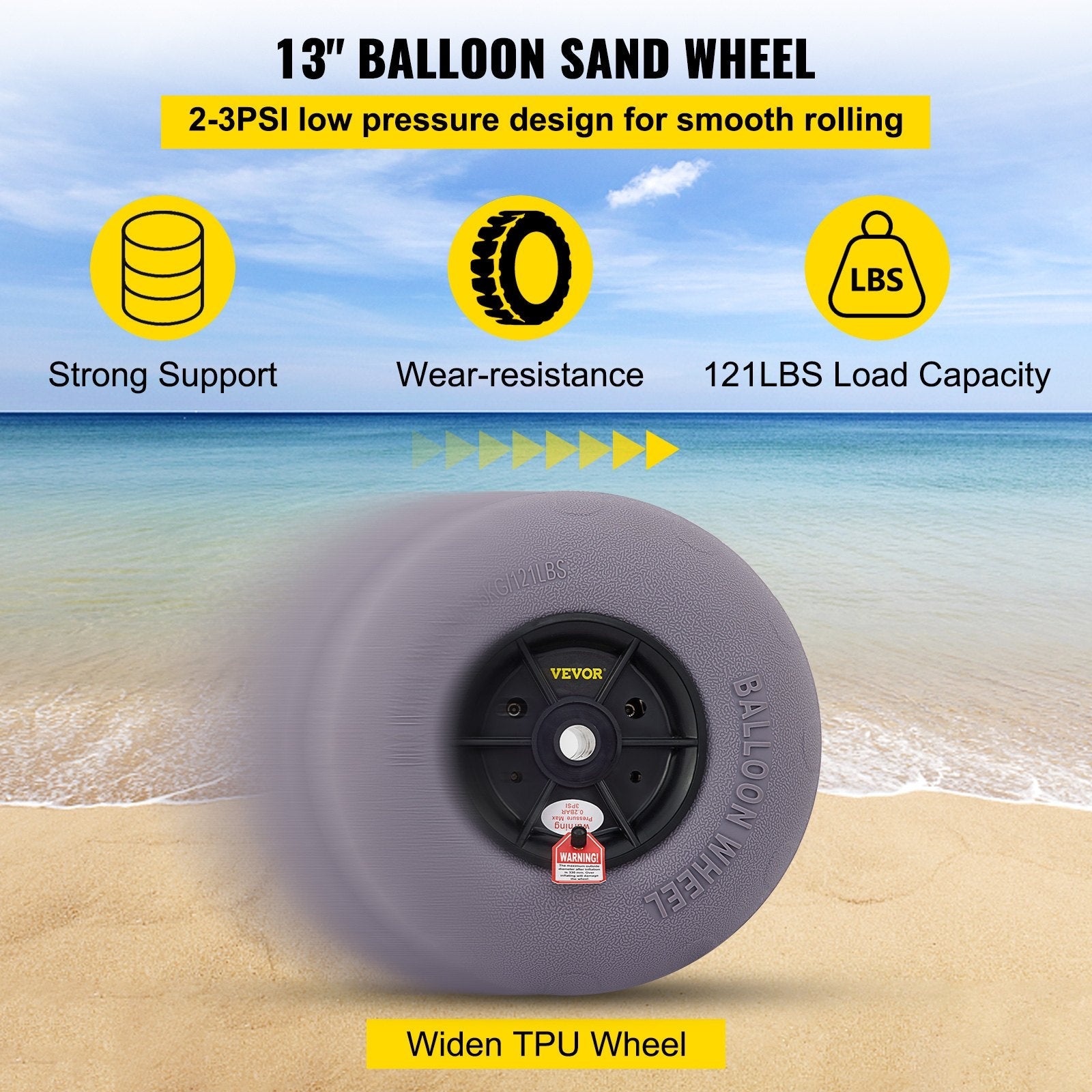 VEVOR Beach Balloon Wheels, 13" Replacement Sand Tires, TPU Cart Tires for Kayak Dolly, Canoe Cart and Buggy w/ Free Air Pump, 2-Pack 