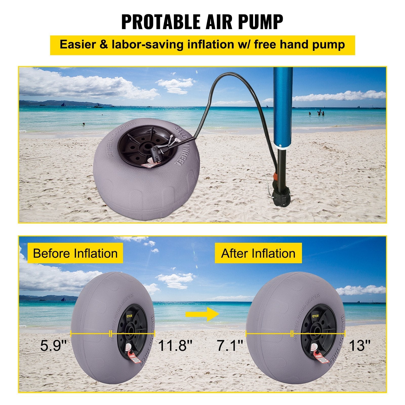 VEVOR Beach Balloon Wheels, 13" Replacement Sand Tires, TPU Cart Tires for Kayak Dolly, Canoe Cart and Buggy w/ Free Air Pump, 2-Pack 