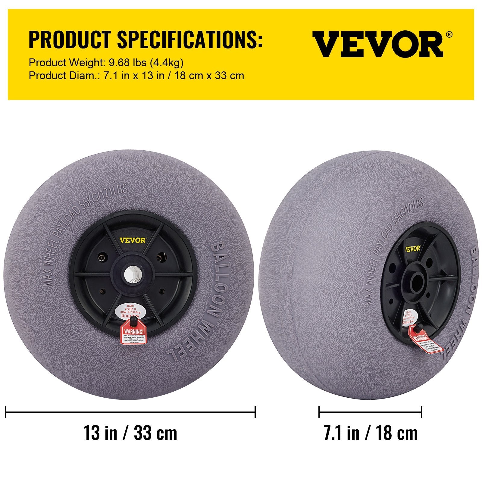 VEVOR Beach Balloon Wheels, 13" Replacement Sand Tires, TPU Cart Tires for Kayak Dolly, Canoe Cart and Buggy w/ Free Air Pump, 2-Pack 