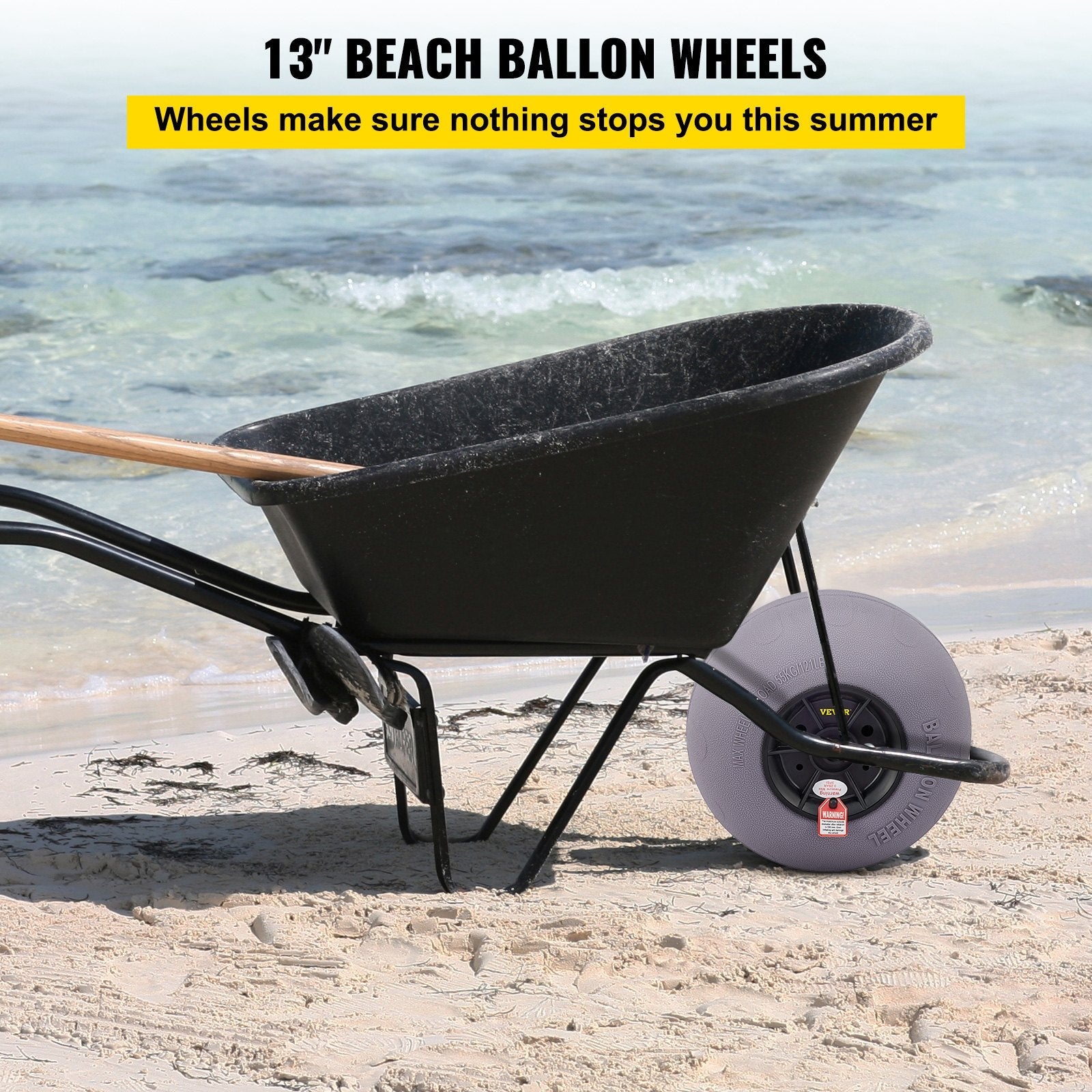 VEVOR Beach Balloon Wheels, 13" Replacement Sand Tires with 32" Stainless Steel Axle, TPU Cart Tires for Kayak Dolly, Canoe Cart and Buggy w/ Free Air Pump, 2-Pack 