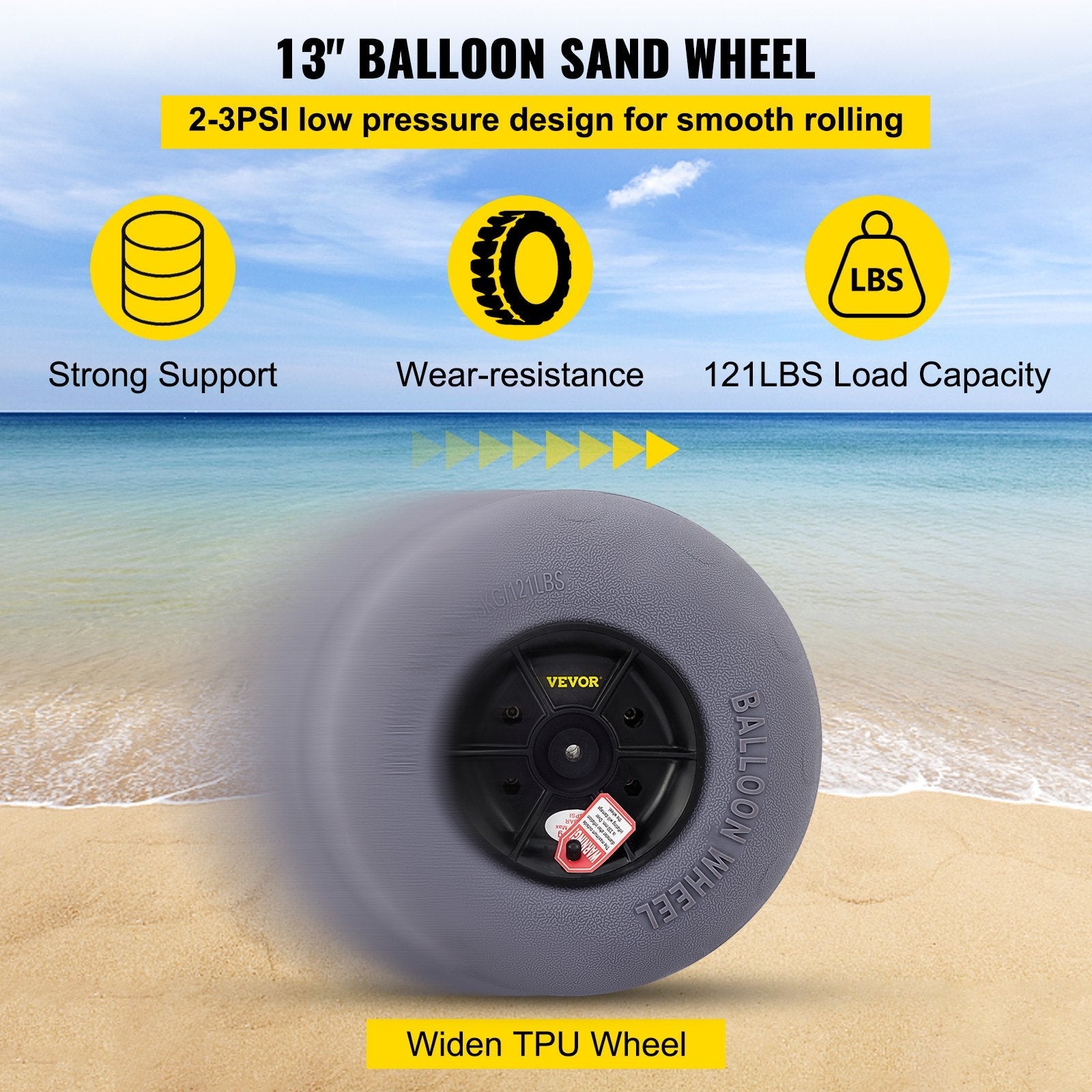 VEVOR Beach Balloon Wheels, 13" Replacement Sand Tires with 32" Stainless Steel Axle, TPU Cart Tires for Kayak Dolly, Canoe Cart and Buggy w/ Free Air Pump, 2-Pack 