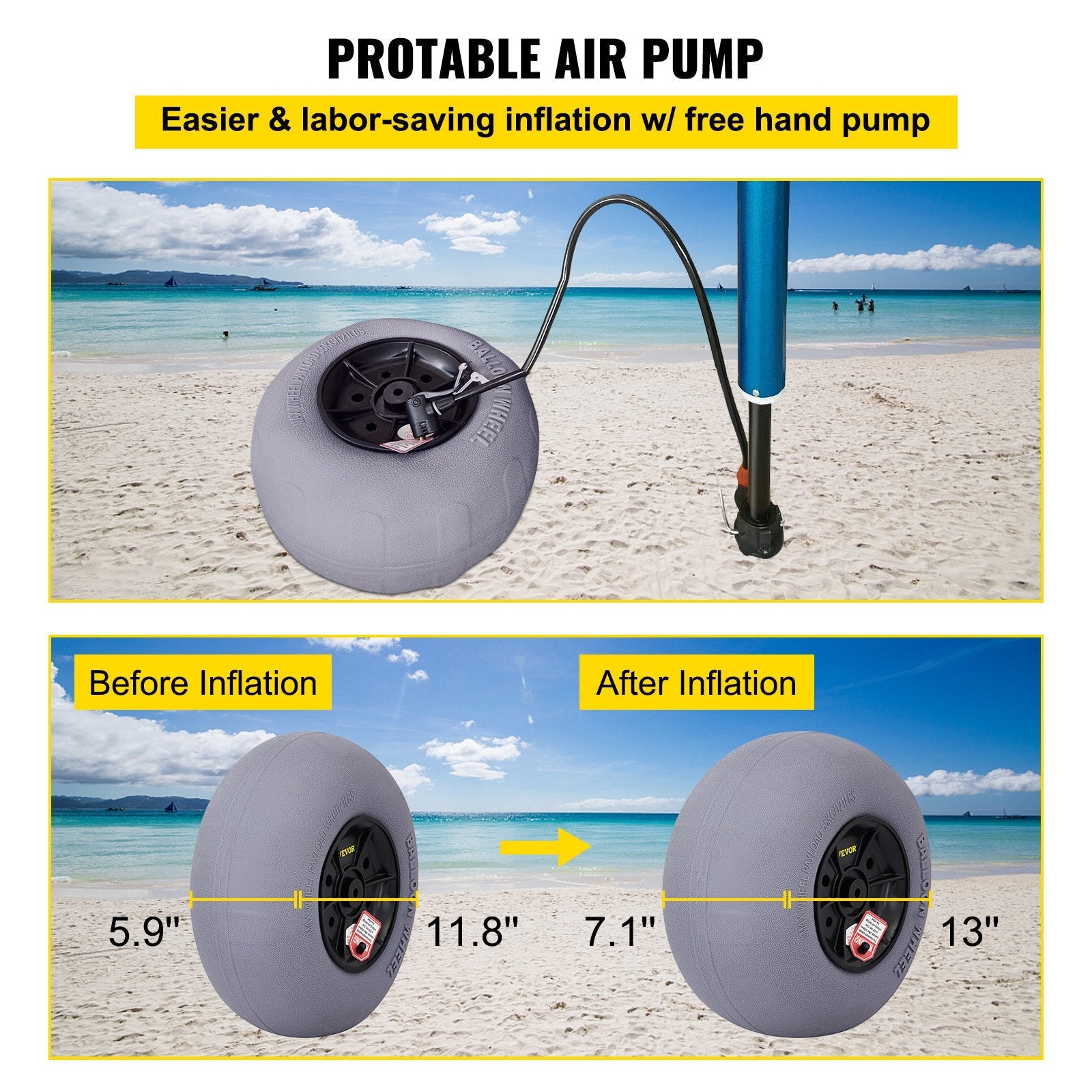 VEVOR Beach Balloon Wheels, 13" Replacement Sand Tires with 32" Stainless Steel Axle, TPU Cart Tires for Kayak Dolly, Canoe Cart and Buggy w/ Free Air Pump, 2-Pack 