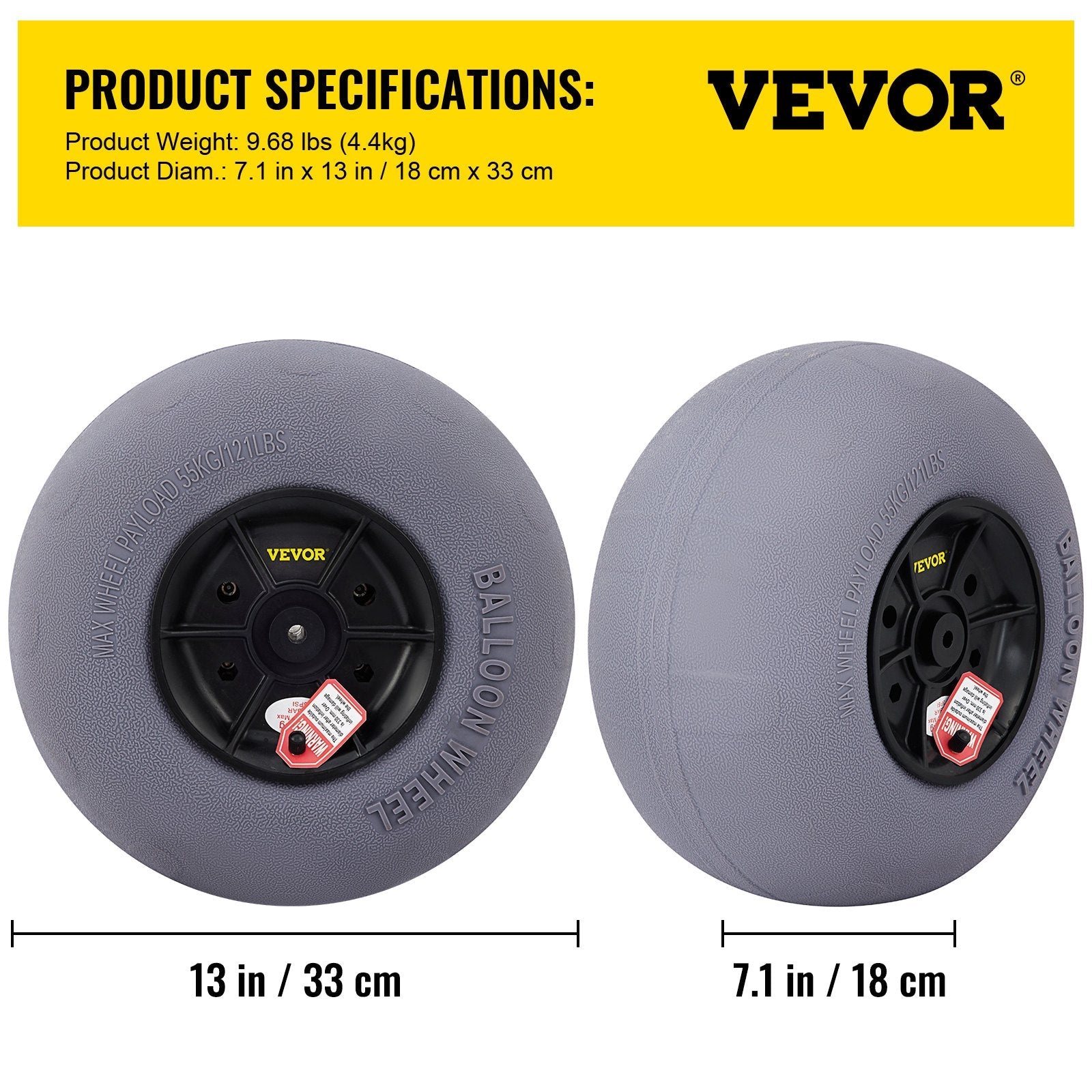 VEVOR Beach Balloon Wheels, 13" Replacement Sand Tires with 32" Stainless Steel Axle, TPU Cart Tires for Kayak Dolly, Canoe Cart and Buggy w/ Free Air Pump, 2-Pack 