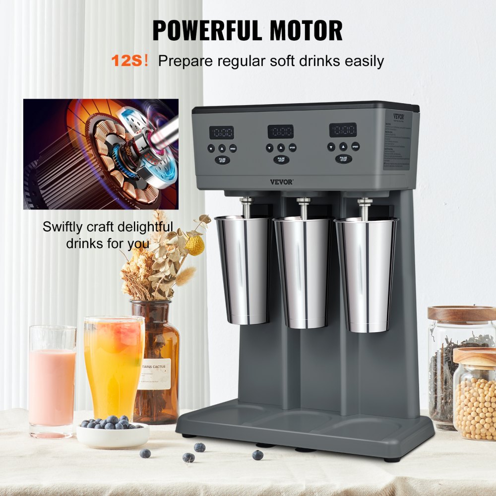 VEVOR Milkshake Maker, 375W x 3 Electric Milkshake Machine, Commercial Triple Heads Drink Mixer Blender, LED Intelligent Microswitch, 3-Speed Milkshake Mixer with 3 x 820 ml Stainless Steel Cups 