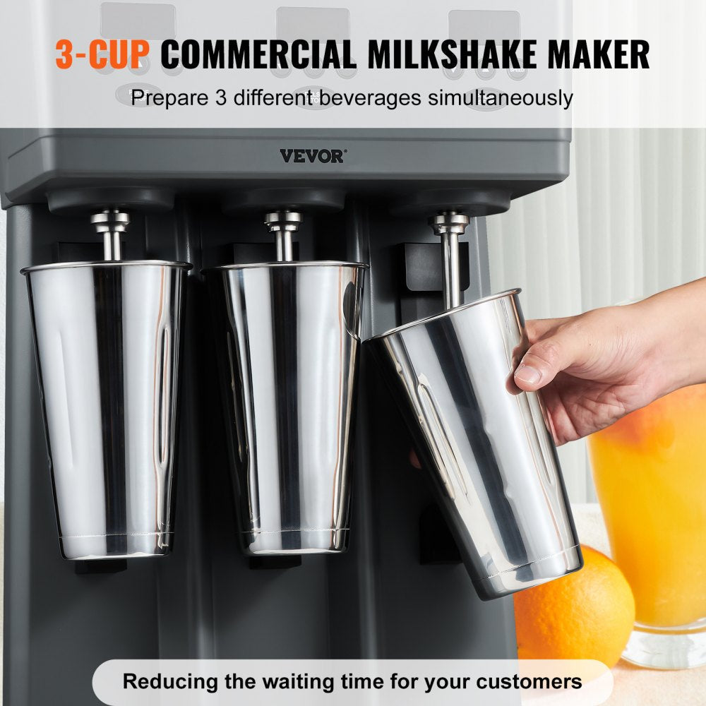 VEVOR Milkshake Maker, 375W x 3 Electric Milkshake Machine, Commercial Triple Heads Drink Mixer Blender, LED Intelligent Microswitch, 3-Speed Milkshake Mixer with 3 x 820 ml Stainless Steel Cups 