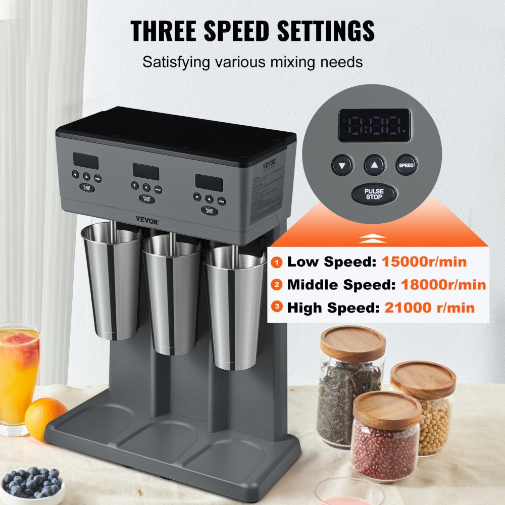VEVOR Milkshake Maker, 375W x 3 Electric Milkshake Machine, Commercial Triple Heads Drink Mixer Blender, LED Intelligent Microswitch, 3-Speed Milkshake Mixer with 3 x 820 ml Stainless Steel Cups 