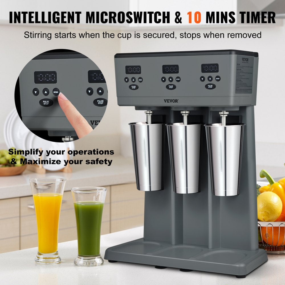 VEVOR Milkshake Maker, 375W x 3 Electric Milkshake Machine, Commercial Triple Heads Drink Mixer Blender, LED Intelligent Microswitch, 3-Speed Milkshake Mixer with 3 x 820 ml Stainless Steel Cups 