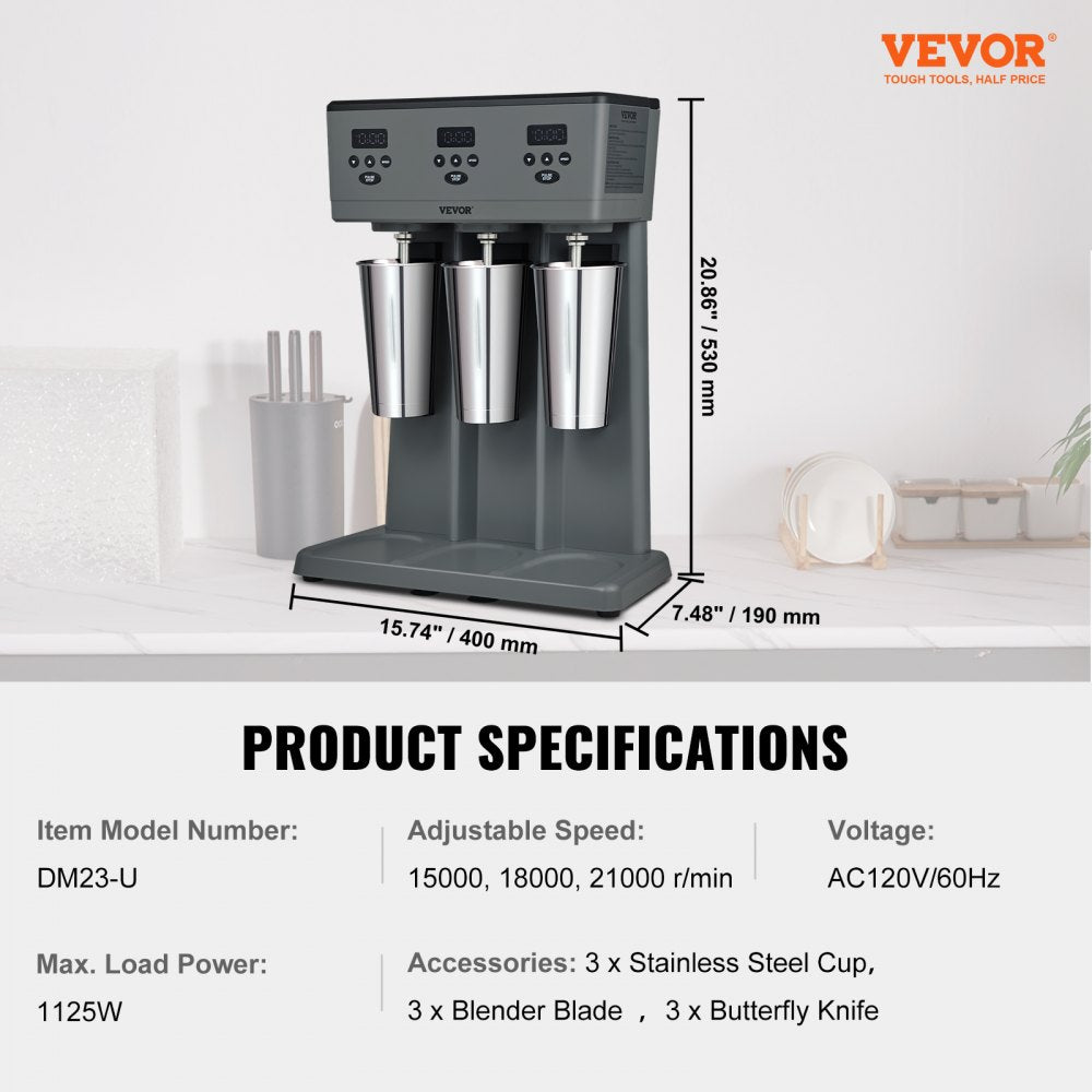 VEVOR Milkshake Maker, 375W x 3 Electric Milkshake Machine, Commercial Triple Heads Drink Mixer Blender, LED Intelligent Microswitch, 3-Speed Milkshake Mixer with 3 x 820 ml Stainless Steel Cups 
