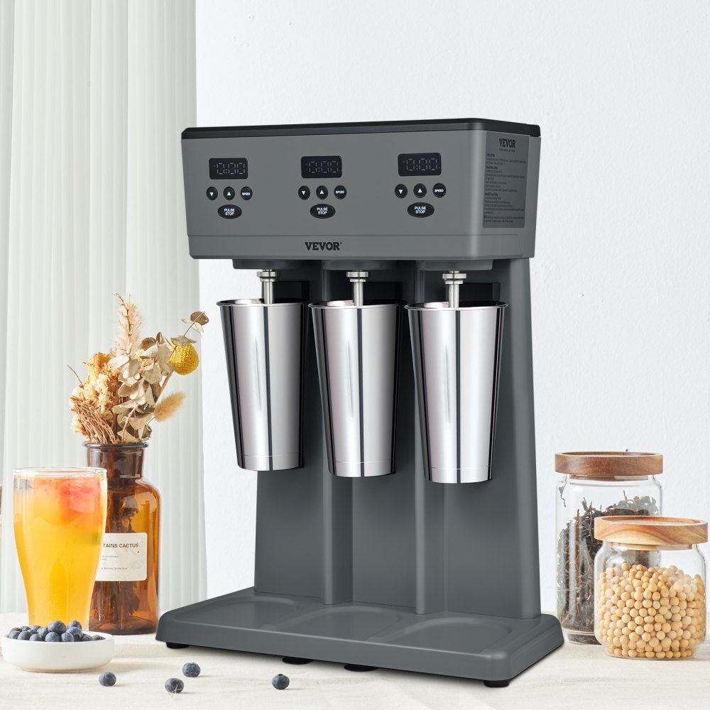 VEVOR Milkshake Maker, 375W x 3 Electric Milkshake Machine, Commercial Triple Heads Drink Mixer Blender, LED Intelligent Microswitch, 3-Speed Milkshake Mixer with 3 x 820 ml Stainless Steel Cups 