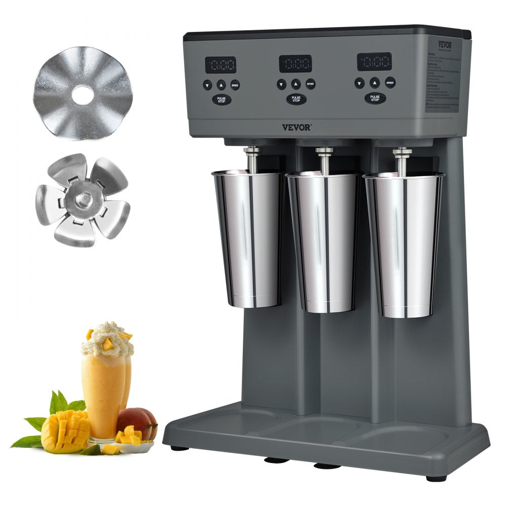 VEVOR Milkshake Maker, 375W x 3 Electric Milkshake Machine, Commercial Triple Heads Drink Mixer Blender, LED Intelligent Microswitch, 3-Speed Milkshake Mixer with 3 x 820 ml Stainless Steel Cups 