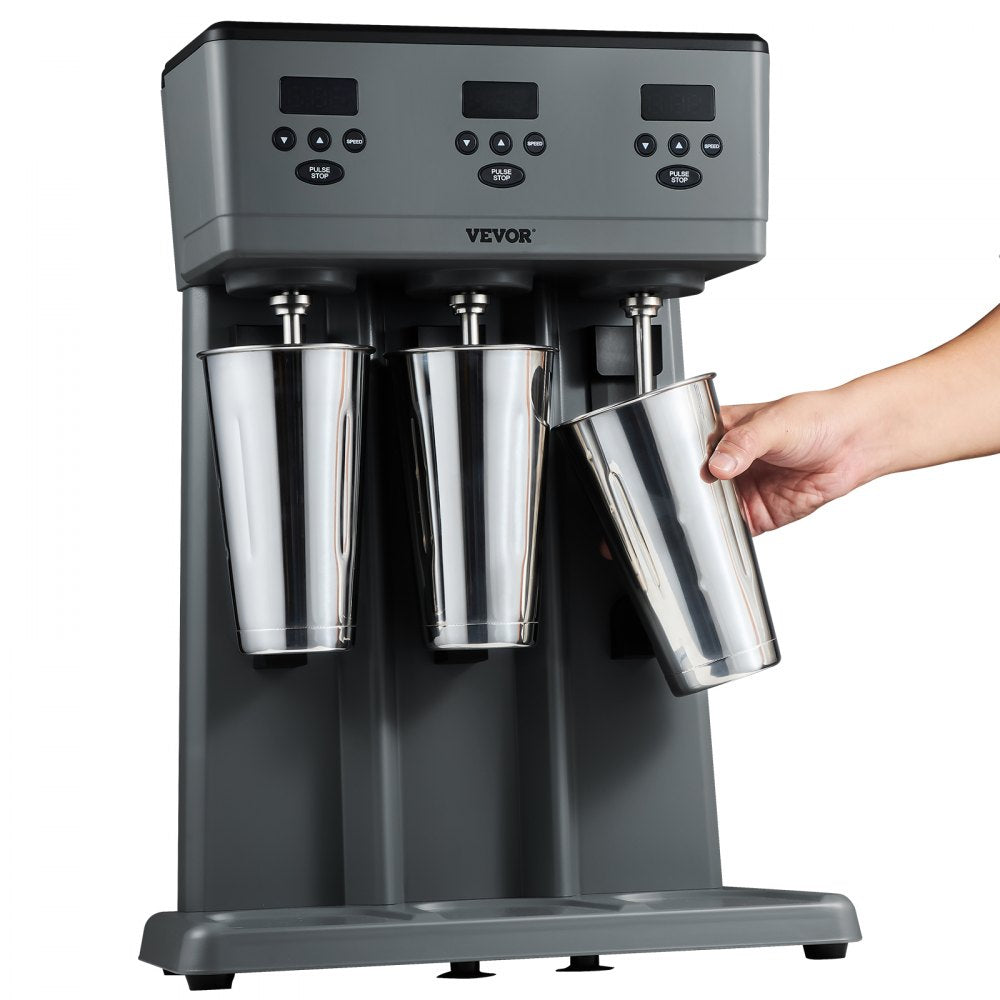 VEVOR Milkshake Maker, 375W x 3 Electric Milkshake Machine, Commercial Triple Heads Drink Mixer Blender, LED Intelligent Microswitch, 3-Speed Milkshake Mixer with 3 x 820 ml Stainless Steel Cups 