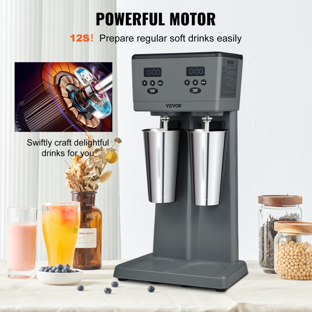 VEVOR Milkshake Maker, 375W x 2 Electric Milkshake Machine, Commercial Double Heads Drink Mixer Blender, LED Intelligent Microswitch, 3-Speed Milkshake Mixer with 2 x 820 ml Stainless Steel Cups 