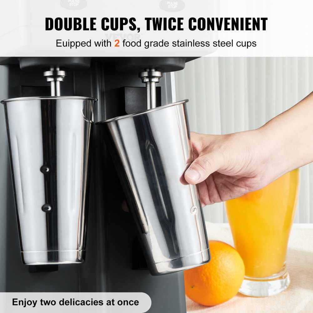 VEVOR Milkshake Maker, 375W x 2 Electric Milkshake Machine, Commercial Double Heads Drink Mixer Blender, LED Intelligent Microswitch, 3-Speed Milkshake Mixer with 2 x 820 ml Stainless Steel Cups 