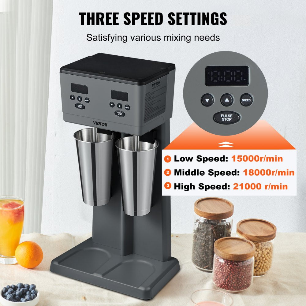 VEVOR Milkshake Maker, 375W x 2 Electric Milkshake Machine, Commercial Double Heads Drink Mixer Blender, LED Intelligent Microswitch, 3-Speed Milkshake Mixer with 2 x 820 ml Stainless Steel Cups 