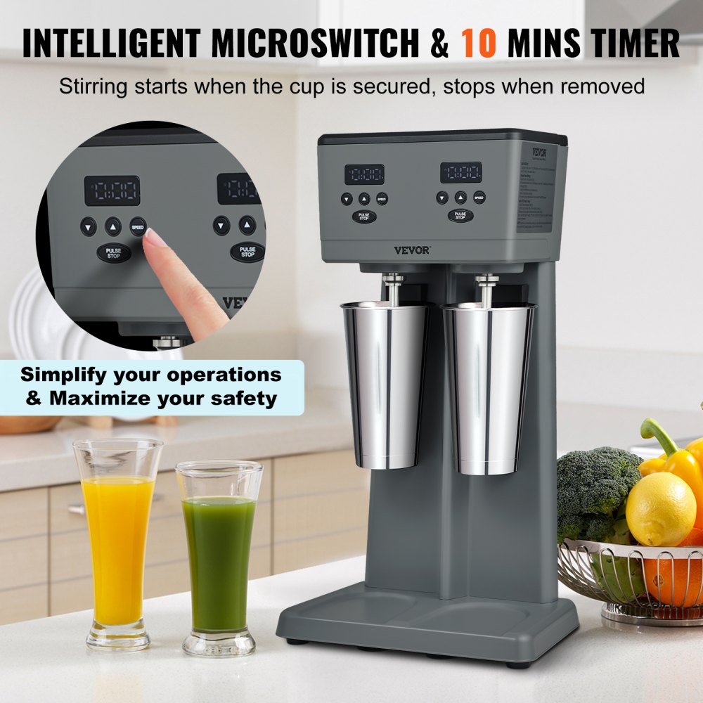 VEVOR Milkshake Maker, 375W x 2 Electric Milkshake Machine, Commercial Double Heads Drink Mixer Blender, LED Intelligent Microswitch, 3-Speed Milkshake Mixer with 2 x 820 ml Stainless Steel Cups 